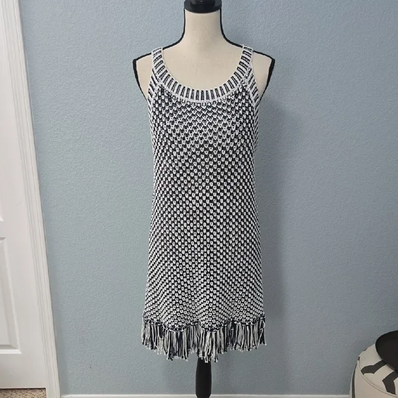 SOFT SURROUNDINGS Bambado Fringe Halter Tank Top Navy White Knit LARGE MiniDress - Picture 3 of 13